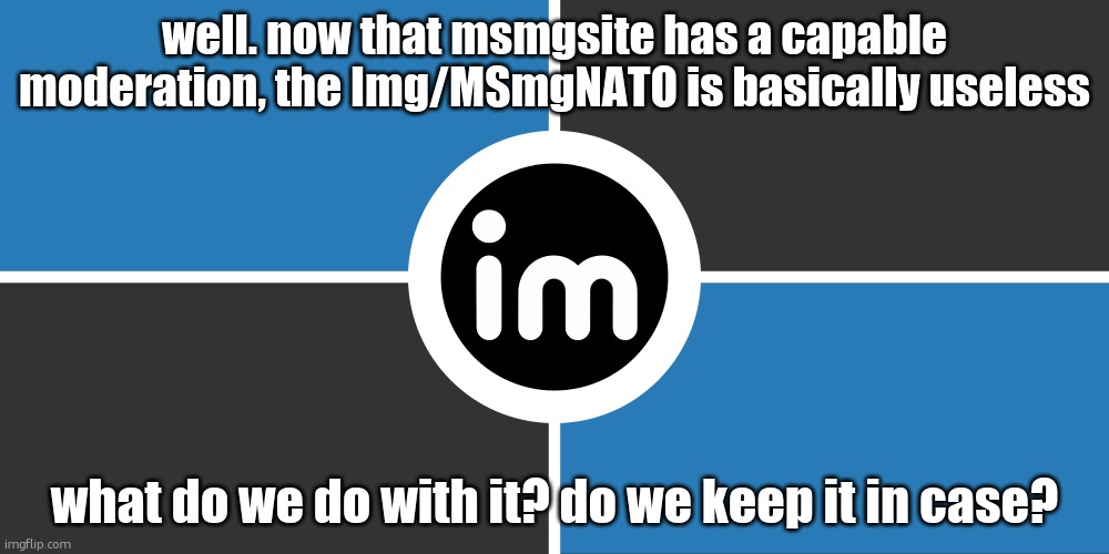Flag of the ImgNATO by NouBlacksmith | well. now that msmgsite has a capable moderation, the Img/MSmgNATO is basically useless; what do we do with it? do we keep it in case? | image tagged in flag of the imgnato by noublacksmith | made w/ Imgflip meme maker