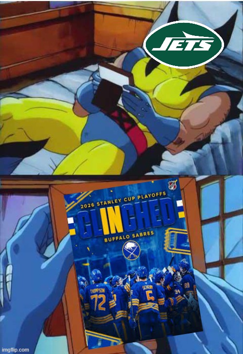 Sabers have clinched the playoffs | image tagged in wolverine remember,buffalo sabers,new york jets | made w/ Imgflip meme maker