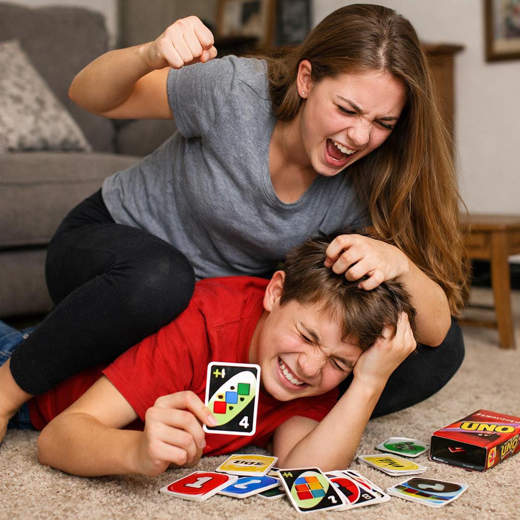 A sister beating up her bother because he won in uno Blank Meme Template