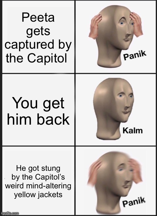 Panik Kalm Panik | Peeta gets captured by the Capitol; You get him back; He got stung by the Capitol’s weird mind-altering yellow jackets | image tagged in memes,panik kalm panik | made w/ Imgflip meme maker