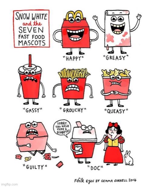 Four Eyes | image tagged in comics,four eyes,snow white,seven,fast food,mascots | made w/ Imgflip meme maker