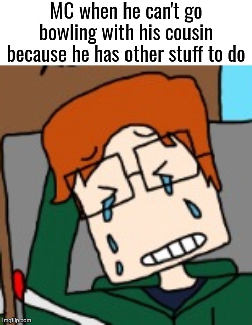 April 3, 2026 | MC when he can't go bowling with his cousin because he has other stuff to do | image tagged in mc,bowling,incident,crying | made w/ Imgflip meme maker