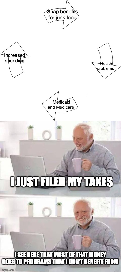 Snap benefits for junk food; Increased spending; Health problems; Medicaid and Medicare; I just filed my taxes; I see here that most of that money goes to programs that I don't benefit from | image tagged in vicious cycle,memes,hide the pain harold | made w/ Imgflip meme maker