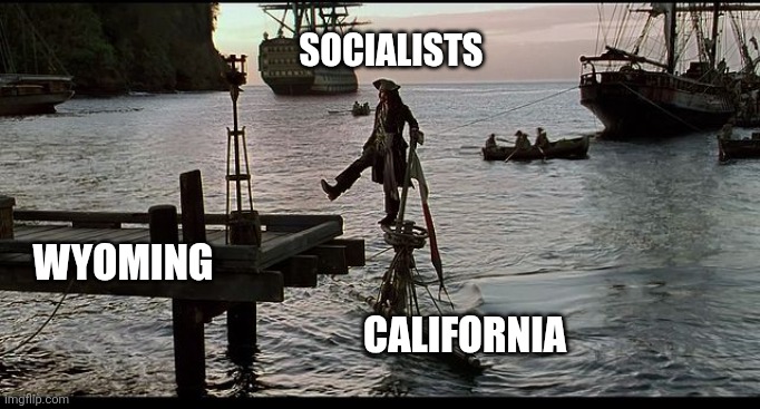 Policies that are so great, they flee the state they voted them in just to do it again. | socialists; wyoming; California | image tagged in jack sparrow sinking ship | made w/ Imgflip meme maker