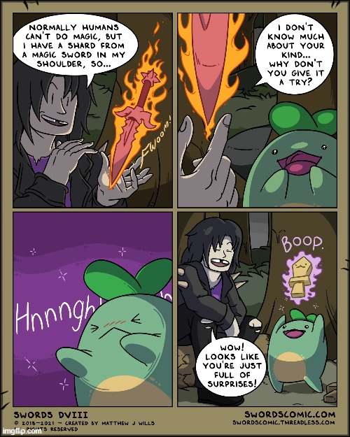 Quest Sprout learns some magic! | image tagged in swords,sprout,quest,magic,spell,boop | made w/ Imgflip meme maker