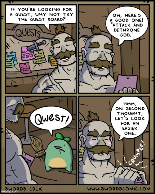 The Quest Board | image tagged in swords,sprout,quest,board,quests,god | made w/ Imgflip meme maker