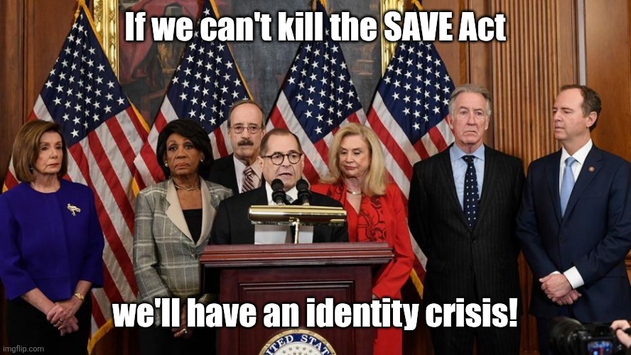 ID will cause a lot of problems for people who don't know if they are men or women | If we can't kill the SAVE Act; we'll have an identity crisis! | image tagged in house democrats | made w/ Imgflip meme maker