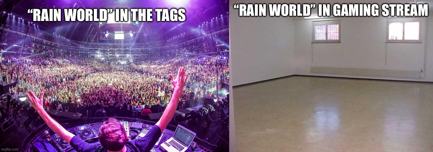 My mind is obsessed with this game *I’ve never played it because I have to wait until I’m 18* | “Rain World” in the tags; “Rain World” In gaming stream | image tagged in dj crowd shot,empty room,adult swim | made w/ Imgflip meme maker