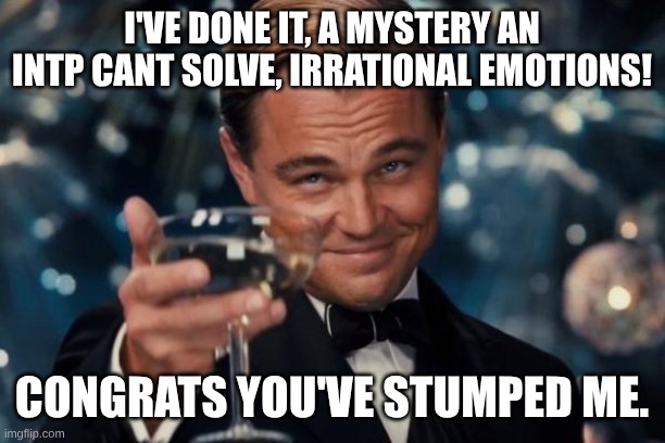 Leonardo Dicaprio Cheers Meme | I've done it, a mystery an INTP cant solve, irrational emotions! congrats you've stumped me. | image tagged in memes,leonardo dicaprio cheers | made w/ Imgflip meme maker