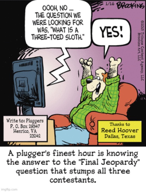 Pluggers | image tagged in comics,pluggers,finest hour,final jeopardy,stumps,contestants | made w/ Imgflip meme maker