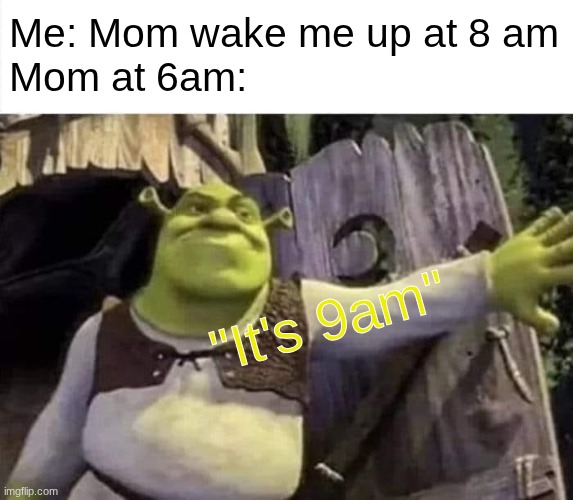 this happens all the time | Me: Mom wake me up at 8 am

Mom at 6am:; "It's 9am" | image tagged in shrek opens the door,wake up,fahhh | made w/ Imgflip meme maker