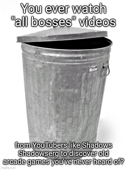 Me | You ever watch "all bosses" videos; from YouTubers like Shadows Shadowserg to discover old arcade games you've never heard of? | image tagged in trash can | made w/ Imgflip meme maker