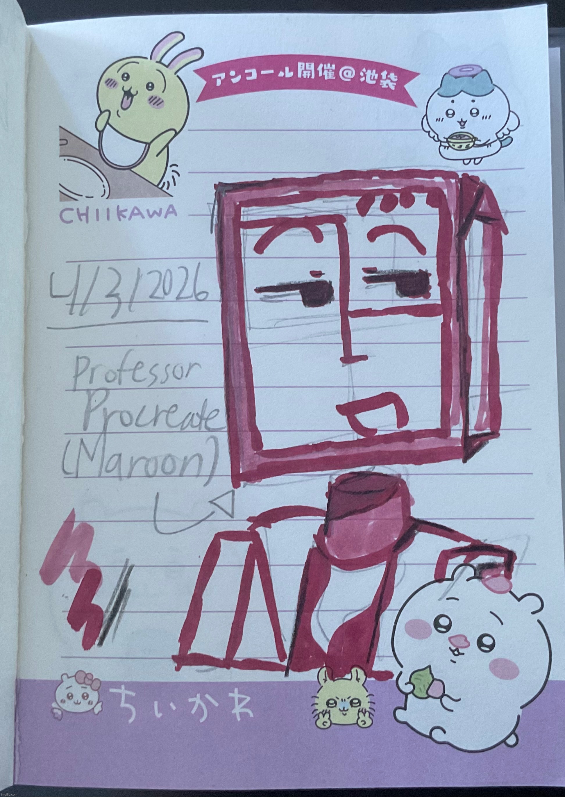 Professor Procreate (Maroon) (i used my friend’s Copic markers and a black colored pencil) | image tagged in professor procreate,maroon,chiikawa | made w/ Imgflip meme maker