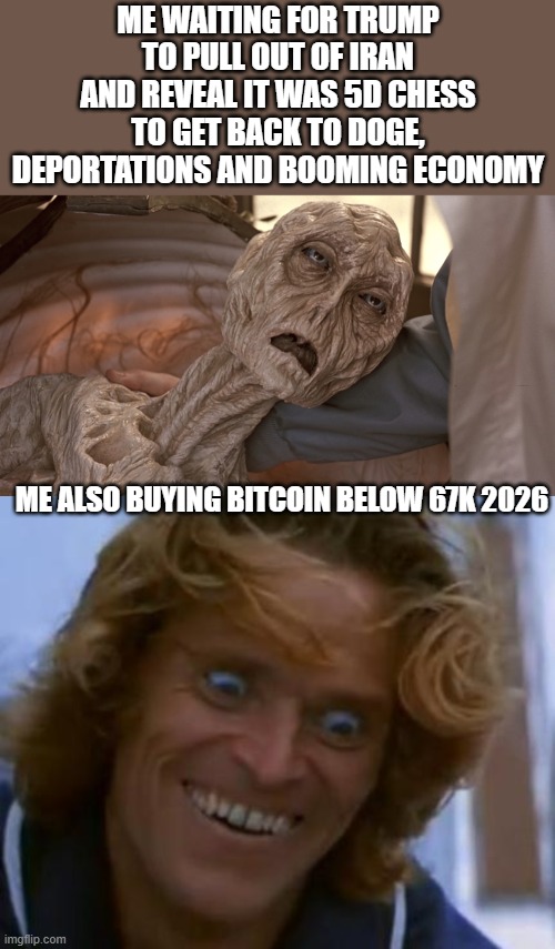 me waiting for trump to pull out of iran and reveal it was 5d chess to get back to doge, deportations and booming economy; me also buying bitcoin below 67k 2026 | image tagged in willem dafoe face meme | made w/ Imgflip meme maker