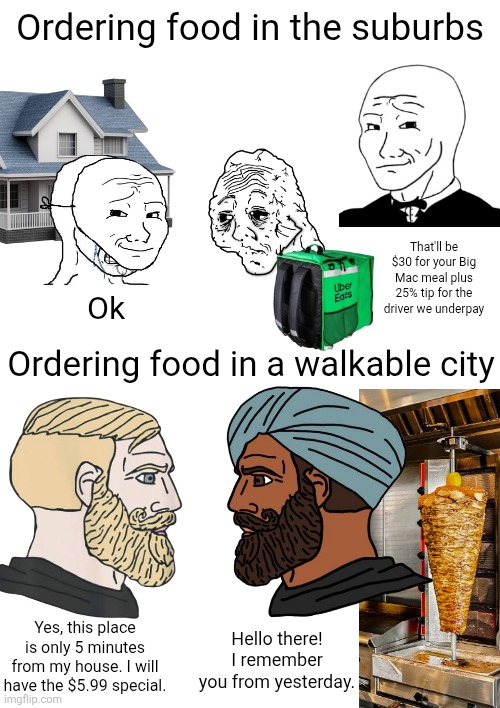 Food delivery companies like Uber Eats and Doordash make a simple takeout meal way too expensive | Ordering food in the suburbs; That'll be $30 for your Big Mac meal plus 25% tip for the driver we underpay; Ok; Ordering food in a walkable city; Hello there! I remember you from yesterday. Yes, this place is only 5 minutes from my house. I will have the $5.99 special. | image tagged in food,cities,urbanism,uber,doordash,restaurants | made w/ Imgflip meme maker