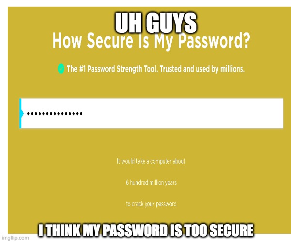 lol the hacker will be ded before its cracked | uh guys; i think my password is too secure | image tagged in password,imgflip,password strength,lmao | made w/ Imgflip meme maker