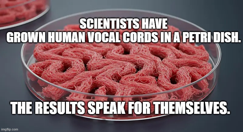 Vocal Cords | Scientists have grown human vocal cords in a petri dish. The results speak for themselves. | image tagged in vocal cords | made w/ Imgflip meme maker