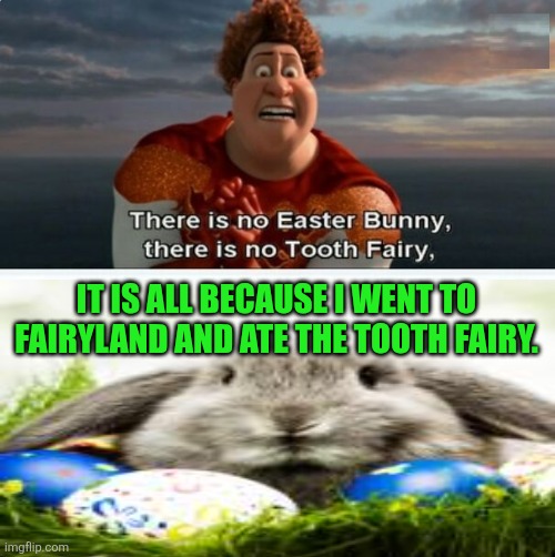 TIGHTEN MEGAMIND "THERE IS NO EASTER BUNNY" | It is all because I went to fairyland and ate the tooth fairy. | image tagged in memes,easter,bunny | made w/ Imgflip meme maker