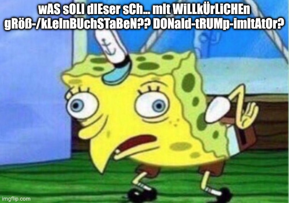 Mocking Spongebob Meme | wAS sOLl dIEser sCh... mIt WiLLkÜrLiCHEn gRöß-/kLeInBUchSTaBeN?? DONald-tRUMp-imItAtOr? | image tagged in memes,mocking spongebob | made w/ Imgflip meme maker