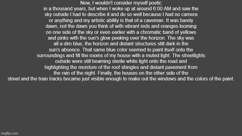 text over 50 characters long? now's your chance to comment "not reading allat" to become a cool user! | Now, I wouldn't consider myself poetic in a thousand years, but when I woke up at around 6:00 AM and saw the sky outside I had to describe it and do so well because I had no camera or anything and my artistic ability is that of a caveman. It was barely dawn, not the dawn you think of with vibrant reds and oranges looming on one side of the sky or even earlier with a chromatic band of yellows and pinks with the sun's glow peeking over the horizon. The sky was all a dim blue, the horizon and distant structures still dark in the sun's absence. That same blue color seemed to paint itself onto the surroundings and fill the rooms of my house with a muted light. The streetlights outside were still beaming sterile white light onto the road and highlighting the moisture of the roof shingles and distant pavement from the rain of the night. Finally, the houses on the other side of the street and the train tracks became just visible enough to make out the windows and the colors of the paint. | made w/ Imgflip meme maker