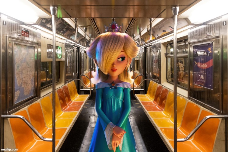 Rosalina on the subway | image tagged in rosalina,super mario galaxy,subway,train,car,alone | made w/ Imgflip meme maker