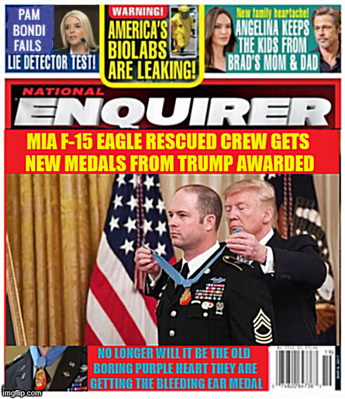 National Enquirer F-15 Eagle MIA gets new medals | image tagged in national enquirer f-15 eagle mia gets new medals,bloody ear award,i like people that aren't captured,john mccain | made w/ Imgflip meme maker