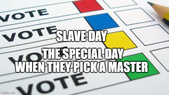 political poll | The special day when they pick a master; Slave day | image tagged in political poll | made w/ Imgflip meme maker