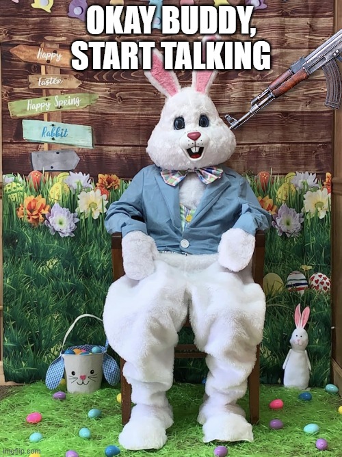 Happy Easter! | OKAY BUDDY, START TALKING | image tagged in easter,easter bunny | made w/ Imgflip meme maker