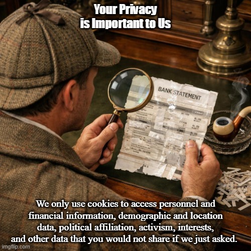 A picture from a vantage point slightly above and to the left of | Your Privacy is Important to Us; We only use cookies to access personnel and financial information, demographic and location data, political affiliation, activism, interests, and other data that you would not share if we just asked. | image tagged in a picture from a vantage point slightly above and to the left of | made w/ Imgflip meme maker