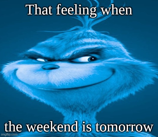 Blue Grinch | That feeling when; the weekend is tomorrow | image tagged in blue grinch | made w/ Imgflip meme maker