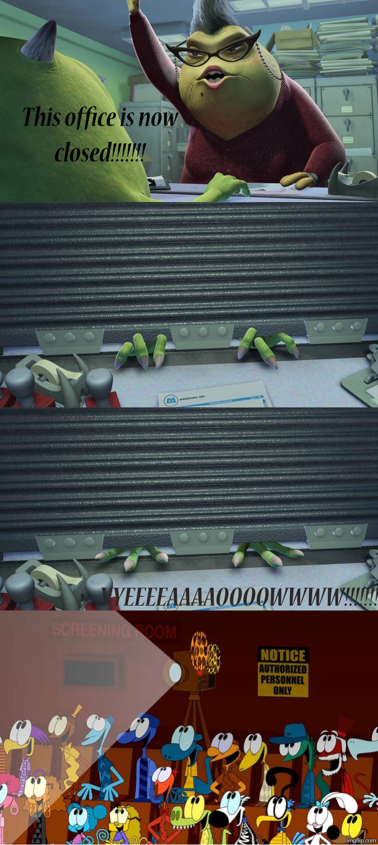 Cartoon Characters laughs at This Office Is Now Closed Scene Meme | image tagged in who laughs at this office is now closed scene meme,deviantart,disney,pixar,youtube,deviantart week | made w/ Imgflip meme maker