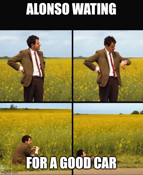 Alonso meme | Alonso wating; For a good car | image tagged in mr bean waiting | made w/ Imgflip meme maker