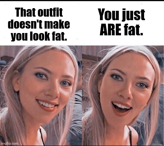smiling blonde girl | You just ARE fat. That outfit doesn't make you look fat. | image tagged in smiling blonde girl,fat | made w/ Imgflip meme maker