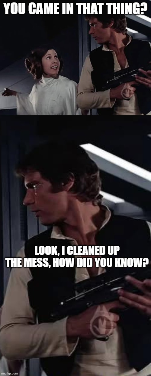 Han Did What? | You came in that thing? look, i cleaned up the mess, how did you know? | image tagged in han solo,star wars | made w/ Imgflip meme maker