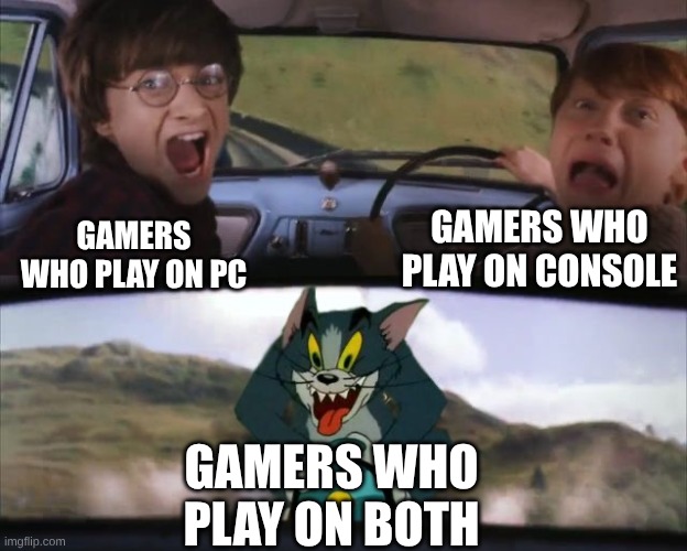 I usually play on both | gamers who play on console; gamers who play on pc; gamers who play on both | image tagged in tom chasing harry and ron weasly,gaming | made w/ Imgflip meme maker