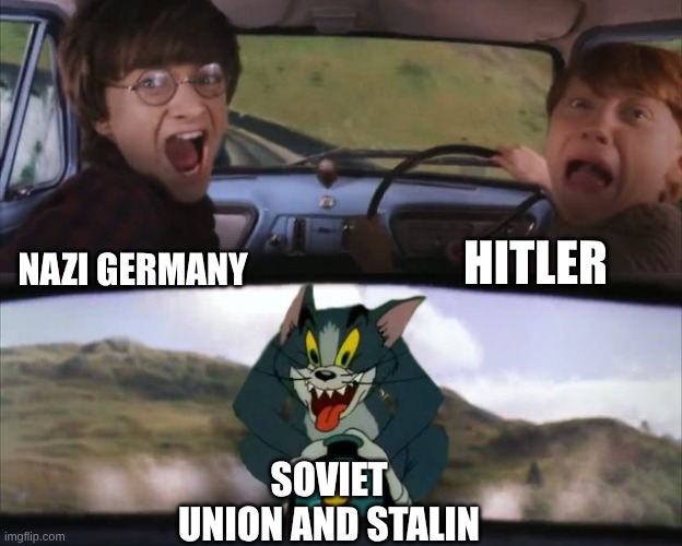 WW2 Meme be like | hitler; Nazi germany; Soviet union and stalin | image tagged in tom chasing harry and ron weasly,soviet union | made w/ Imgflip meme maker