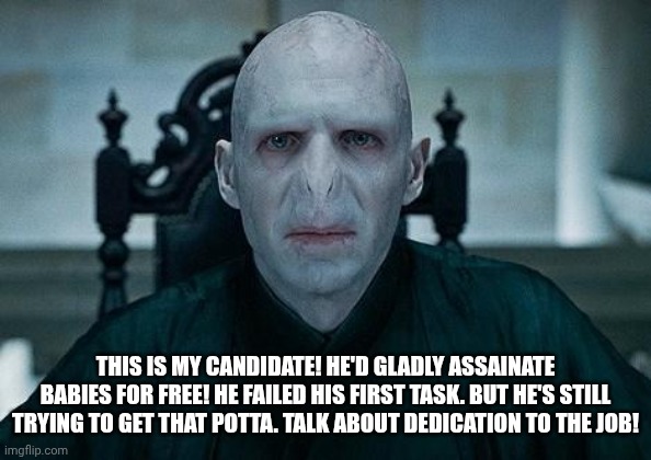 This is my candidate! He'd gladly assainate babies for free! He failed his first task. But he's still trying to get that Potta. Talk about d | image tagged in lord voldemort | made w/ Imgflip meme maker