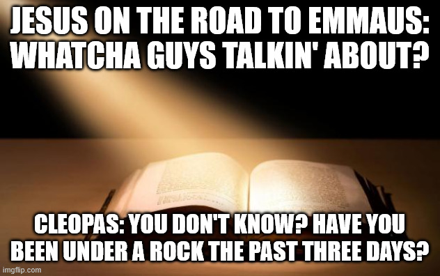 Bible | jesus on the road to emmaus:
Whatcha guys talkin' about? cleopas: you don't know? have you been under a rock the past three days? | image tagged in bible | made w/ Imgflip meme maker