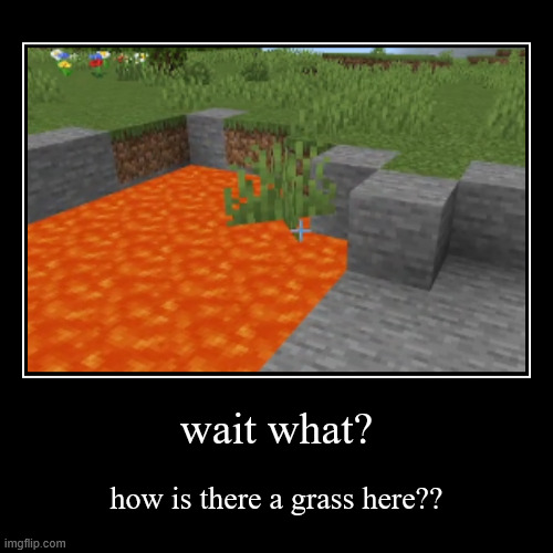 what the | wait what? | how is there a grass here?? | image tagged in demotivationals,minecraft,wait what | made w/ Imgflip demotivational maker