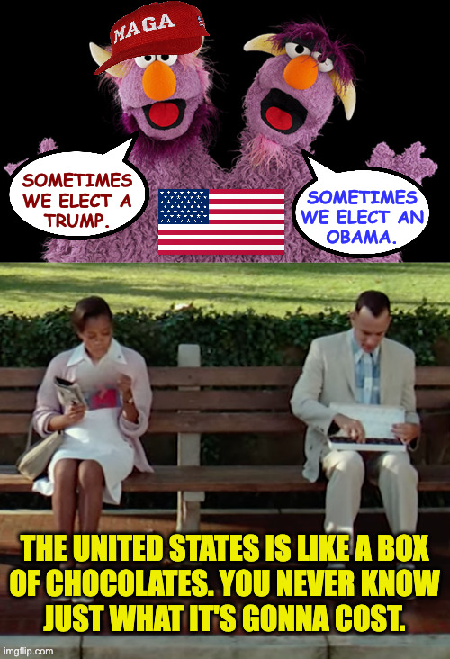 America the unpredictable. | sometimes
we elect a
trump. sometimes
we elect an
obama. the united states is like a box
of chocolates. you never know
just what it's gonna cost. | image tagged in memes,america the unpredictable,two-headed monster | made w/ Imgflip meme maker