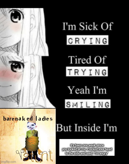 I'm Sick Of Crying | It's been one week since you looked at me. Cocked your head to the side and said, "I'm angry" | image tagged in i'm sick of crying | made w/ Imgflip meme maker