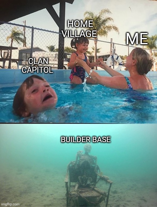 Mother Ignoring Kid Drowning In A Pool | Home village; Me; Clan capitol; Builder base | image tagged in mother ignoring kid drowning in a pool | made w/ Imgflip meme maker
