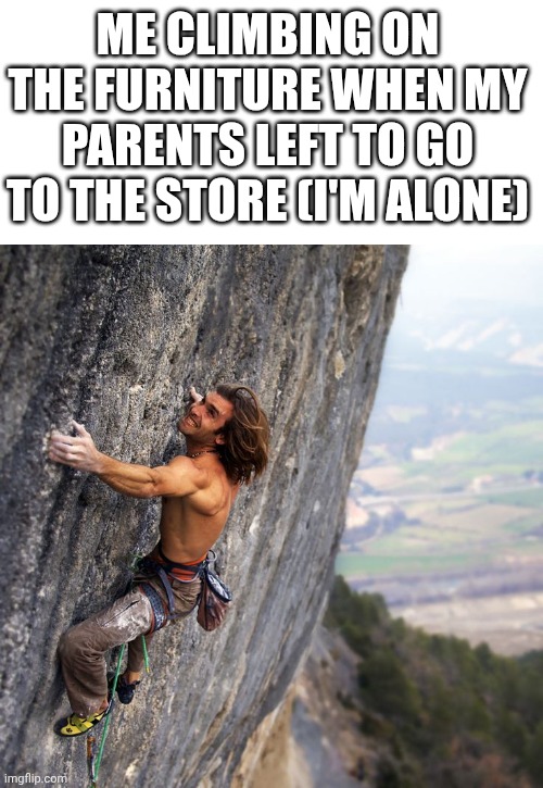 Mountain climber | Me climbing on the furniture when my parents left to go to the store (I'm alone) | image tagged in mountain climber | made w/ Imgflip meme maker