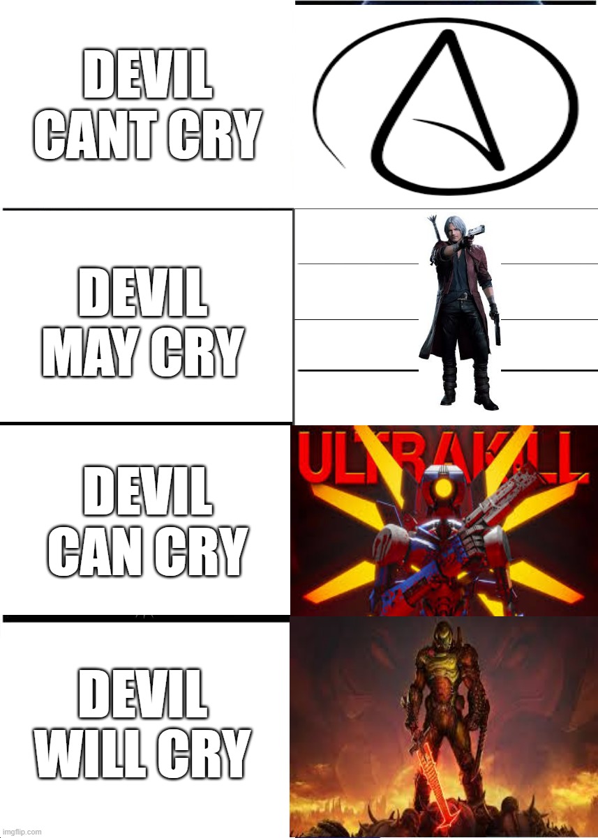 Expanding Brain | devil cant cry; devil may cry; devil can cry; devil will cry | image tagged in memes,expanding brain | made w/ Imgflip meme maker