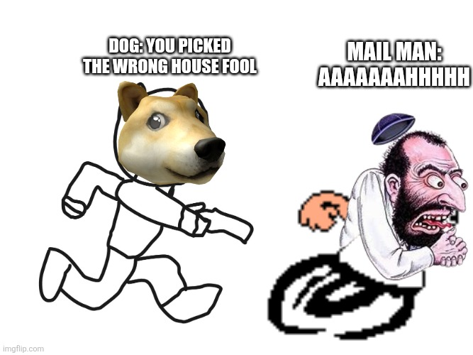 you picked the wrong house fool | Mail man: AAAAAAAHHHHH Dog: you picked the wrong house fool | image tagged in you picked the wrong house fool | made w/ Imgflip meme maker