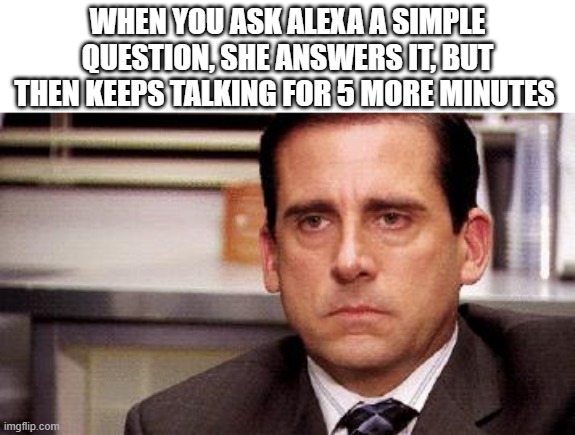 This is so annoying | When you ask Alexa a simple question, she answers it, but then keeps talking for 5 more minutes | image tagged in michael scott,alexa,annoying | made w/ Imgflip meme maker