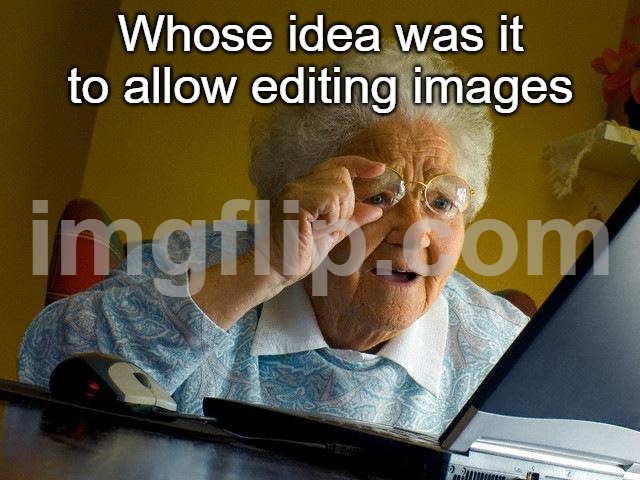Grandma Finds The Internet Meme | Whose idea was it to allow editing images | image tagged in memes,grandma finds the internet | made w/ Imgflip meme maker