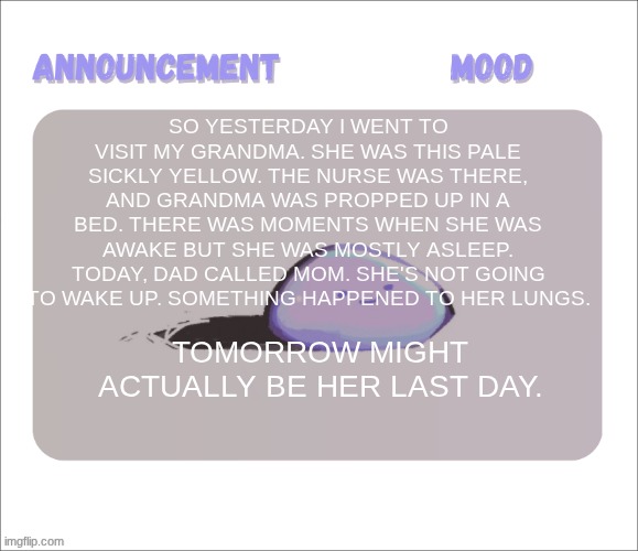 she cant eat, she doesn't wake up, her body is failing her one by one. I heard yesterday she might have weeks left but not today | so yesterday I went to visit my grandma. she was this pale sickly yellow. the nurse was there, and grandma was propped up in a bed. there was moments when she was awake but she was mostly asleep. today, dad called mom. she's not going to wake up. something happened to her lungs. tomorrow might actually be her last day. | image tagged in petrock's temp | made w/ Imgflip meme maker