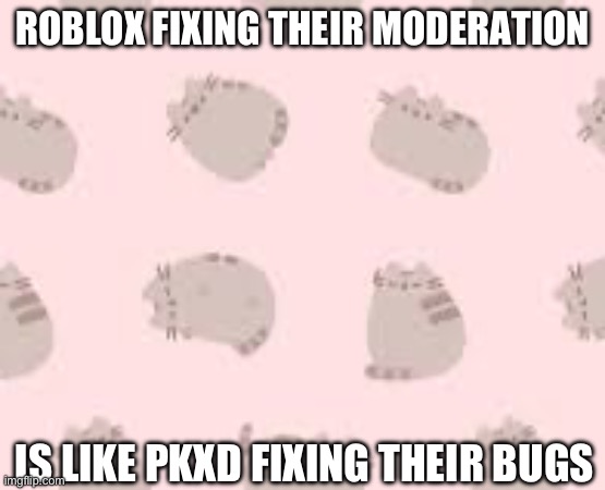They don’t | Roblox fixing their moderation; Is like PKXD fixing their bugs | image tagged in pusheen,cute | made w/ Imgflip meme maker