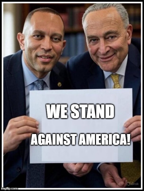 Hakeem Jeffries & Chuck Schumer sign | we stand; against America! | image tagged in hakeem jeffries chuck schumer sign | made w/ Imgflip meme maker